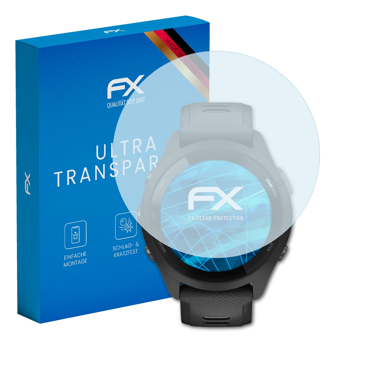 Smartwatch mit Displayschutz und blauer Box. Deutscher Text, Produktname 'FX'.