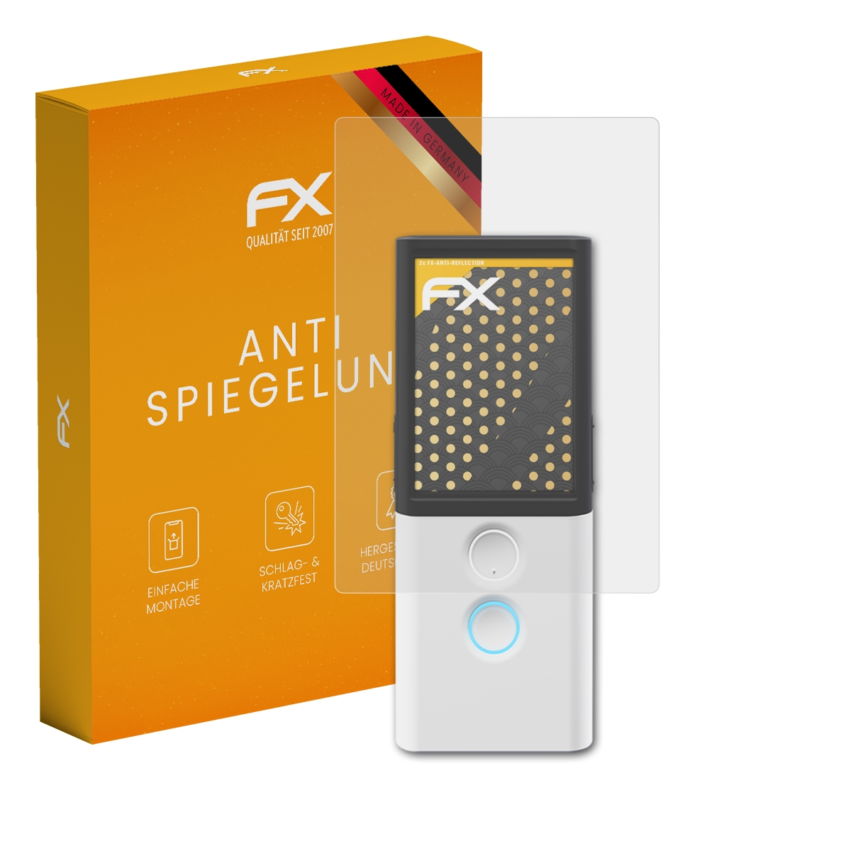 Eine Türklingel mit Displayschutz und Box. Die Box ist orange mit FX. Made in Germany.