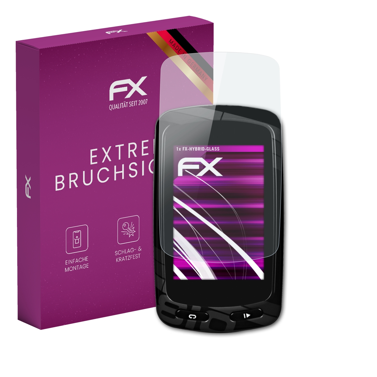 GPS-Gerät mit Displayschutz, lila Box mit 'FX'-Logo. Der Bildschirm zeigt eine Karte.