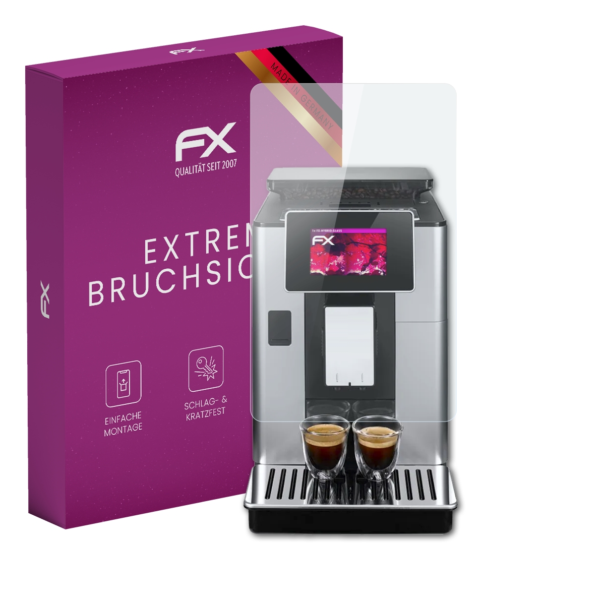 Eine Espressomaschine mit Displayschutzfolie mit Box. Die Maschine ist silber und hat zwei Espressotassen darunter.