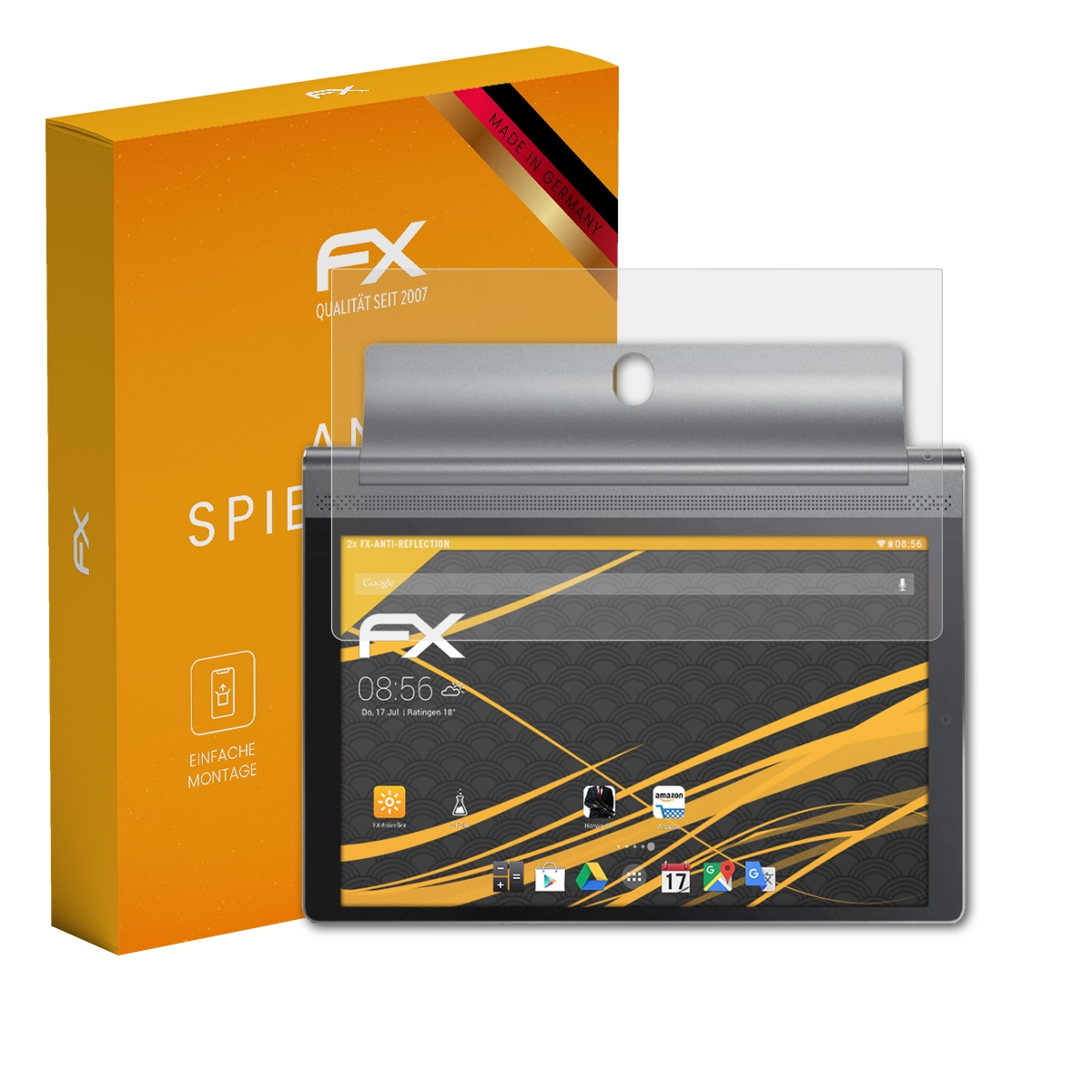 Ein Tablet mit Displayschutzfolie mit Box. Das Tablet ist schwarz und hat eine Displayschutzfolie.