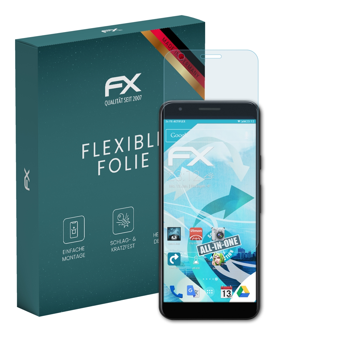 Schwarzes Smartphone mit Displayschutzfolie und einer grünen Box mit weißem Text.