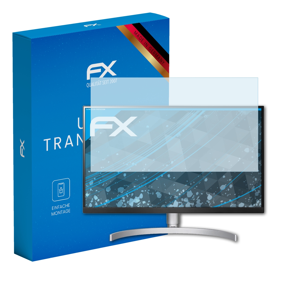 Ein Monitor mit Displayschutzfolie neben einer blauen Box mit Text und Logos.