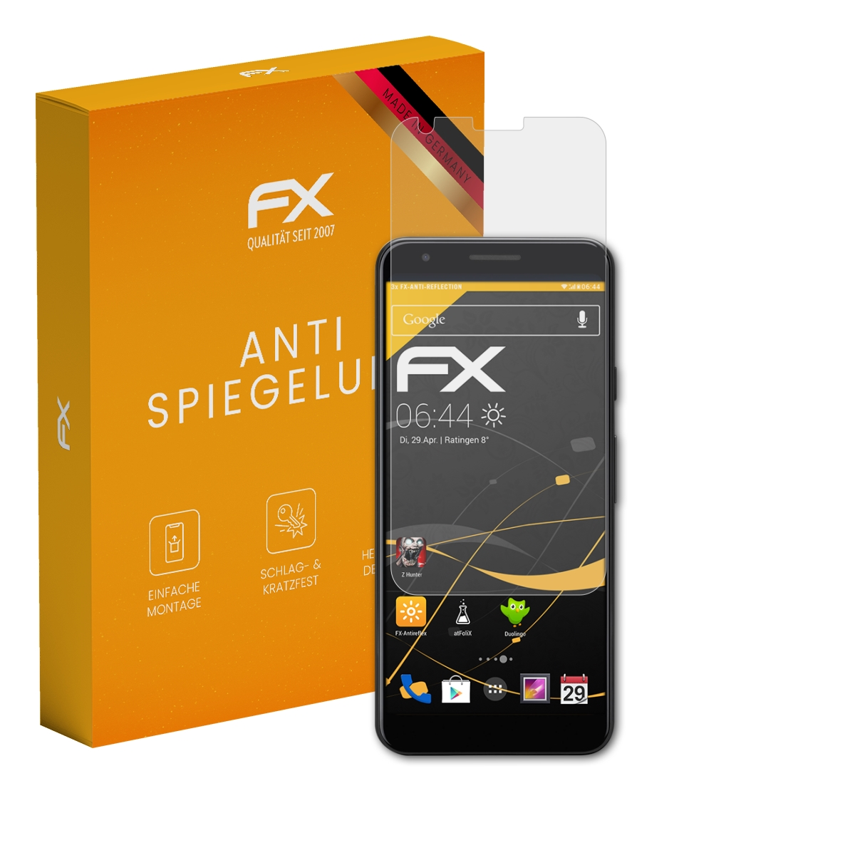 Displayschutzfolie und Box mit Logo. Der Bildschirm zeigt Zeit, Apps und grauen Hintergrund.