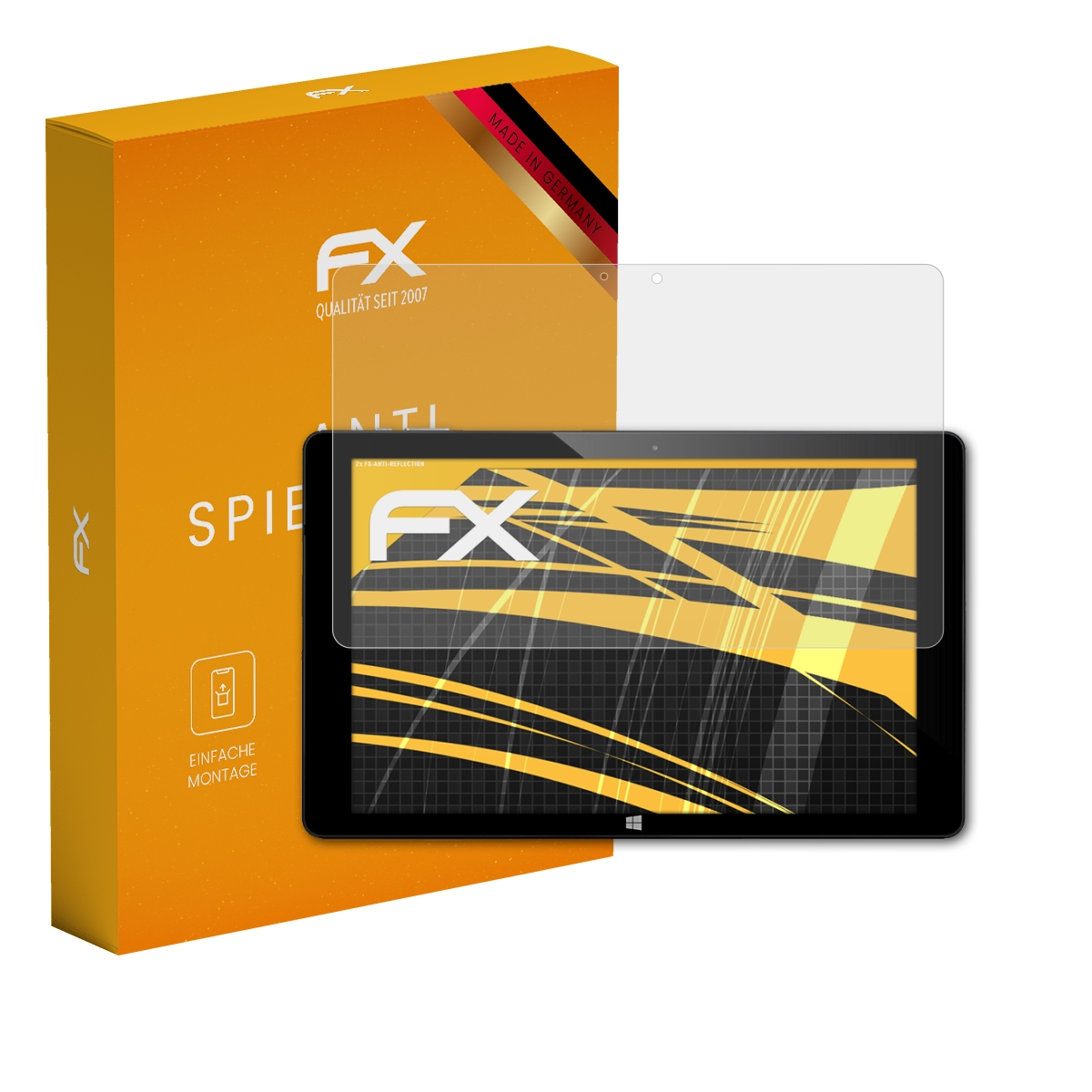 Displayschutzfolie und Box mit Logo. Der Tablet-Bildschirm ist schwarz und gelb.