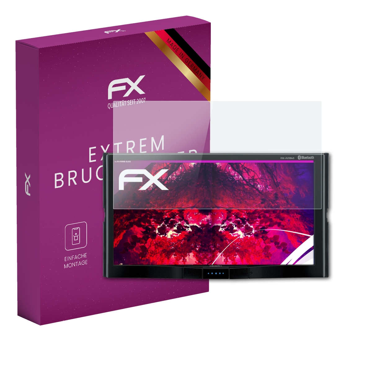 Ein Bildschirm im Auto mit Displayschutzfolie neben einer lila Box mit der Aufschrift 'EXTREM BRUCHSICHER'.