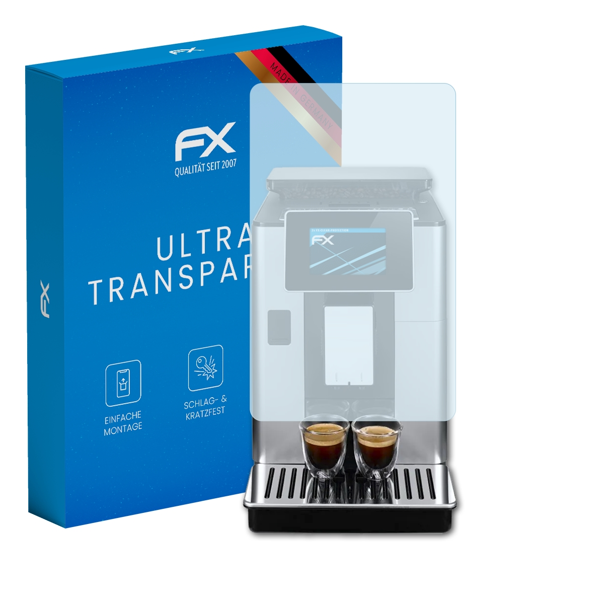 Espressomaschine mit Displayschutz, blaue Box, 'Made in Germany'.