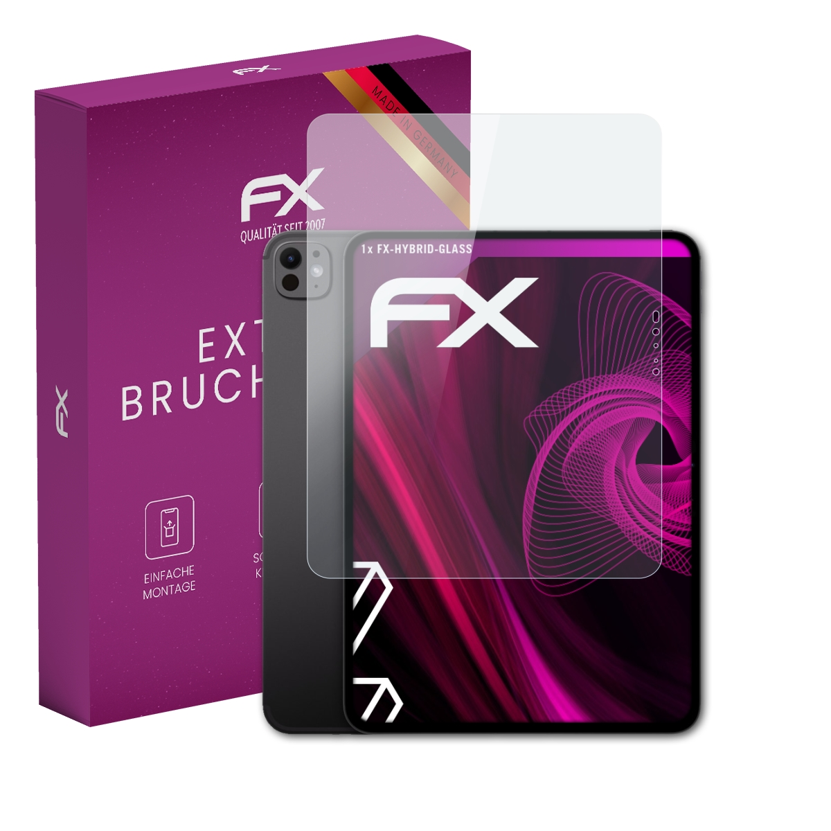 Ein Tablet mit Displayschutz und einer Box links. Der Bildschirm ist sichtbar.