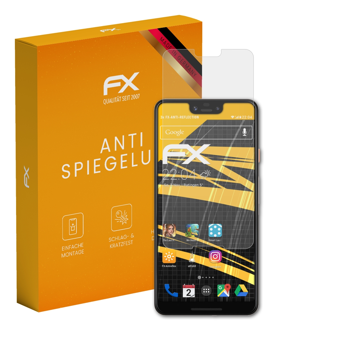 Smartphone mit Displayschutzfolie und Box. Orange Box mit weißem Text.