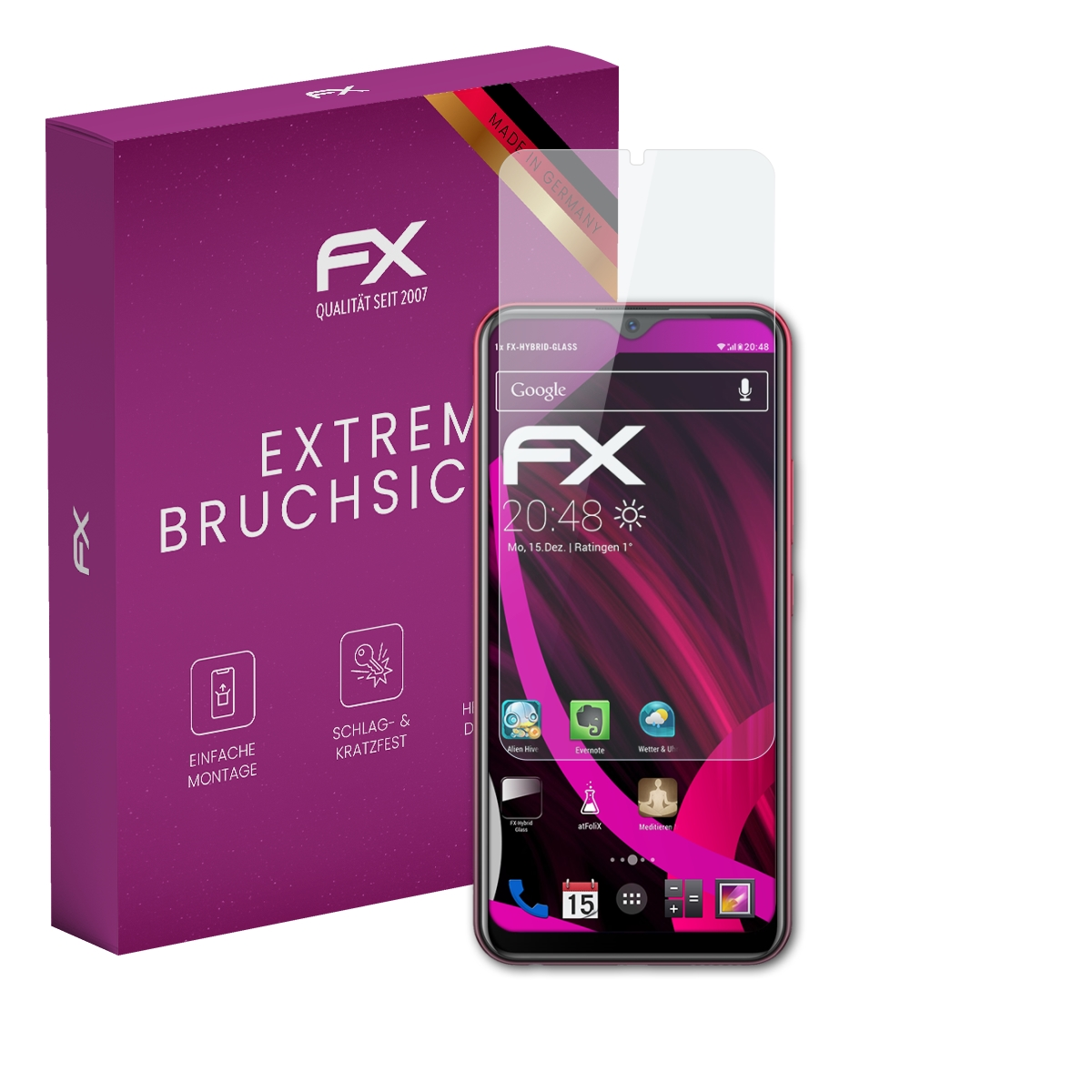 Rotes Telefon mit Displayschutz neben einer lila Schachtel mit 'EXTREM BRUCHSICHER'.
