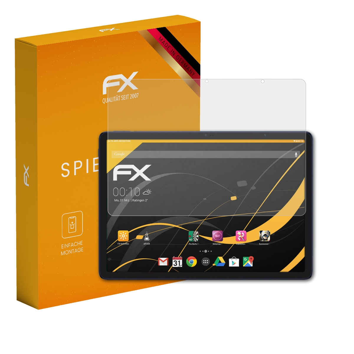 Tablet mit Displayschutzfolie, orange Box mit Text. Made in Germany. Tablet mit Uhrzeit und App-Symbolen auf dem Bildschirm.