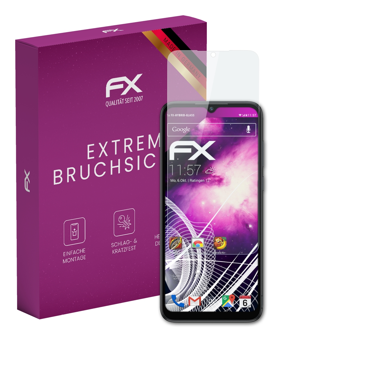 Telefon mit Displayschutz, Box mit Extreme Bruch-Text. Bildschirm zeigt Galaxie. Hergestellt in Deutschland.