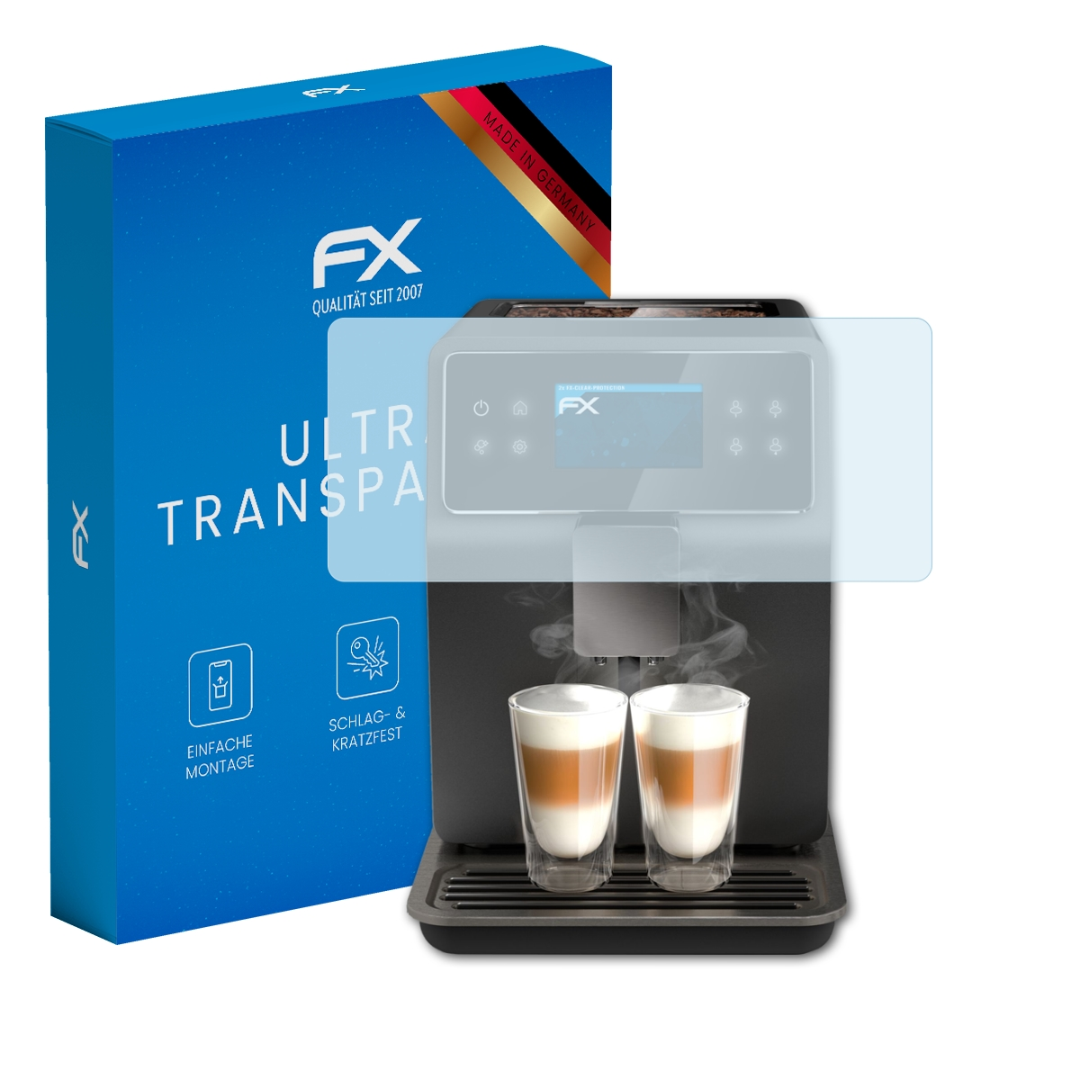 Schwarze Espressomaschine mit Displayschutz und blauer Box 'Ultra Transparente'.