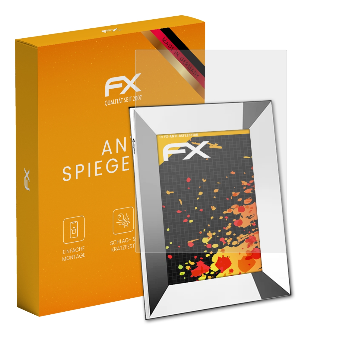 Fotorahmen mit Displayschutzfolie. Box sagt 'FX' und 'ANTI SPIEGELUNG'.