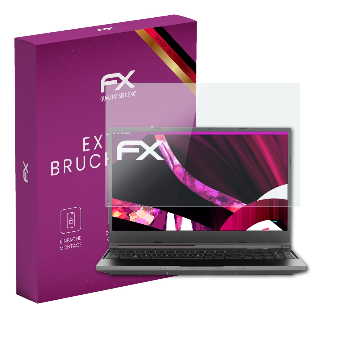 Laptop mit Displayschutzfolie und lila Box.