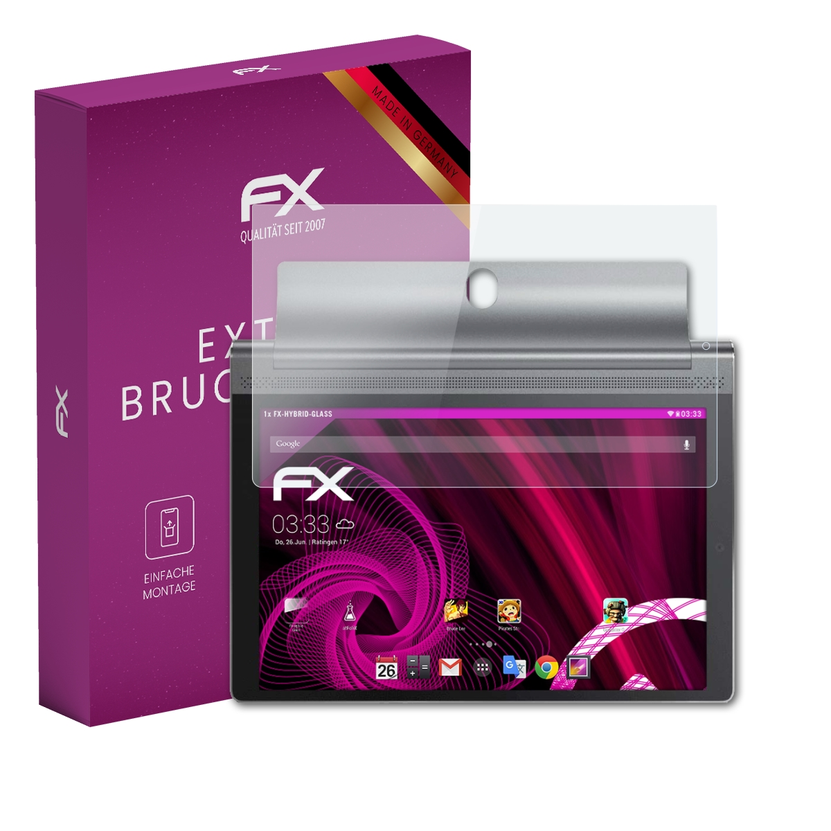 Lila Box, Tablet mit Displayschutz und klarer Hülle.