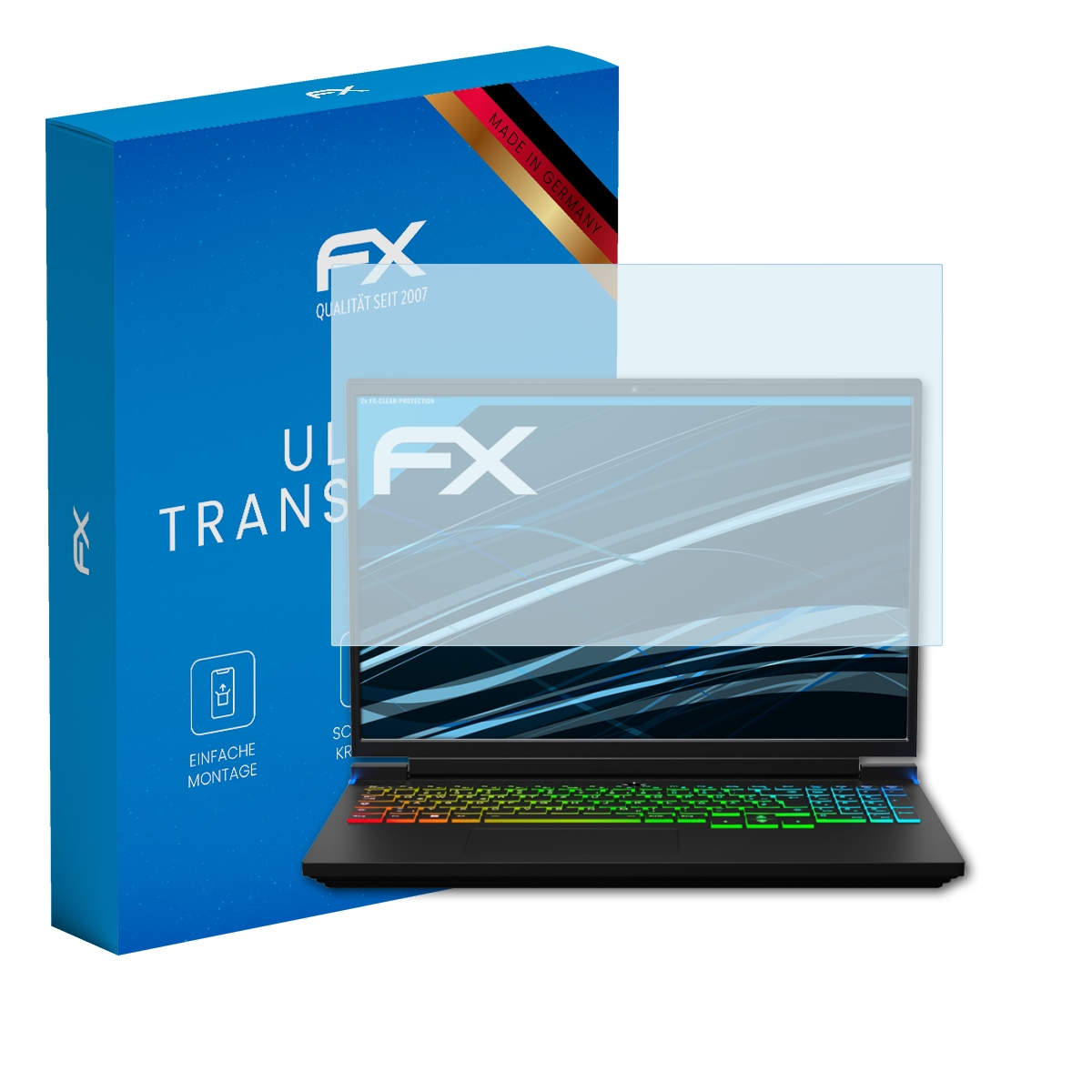 Blaue Box und Laptop mit Displayschutz.