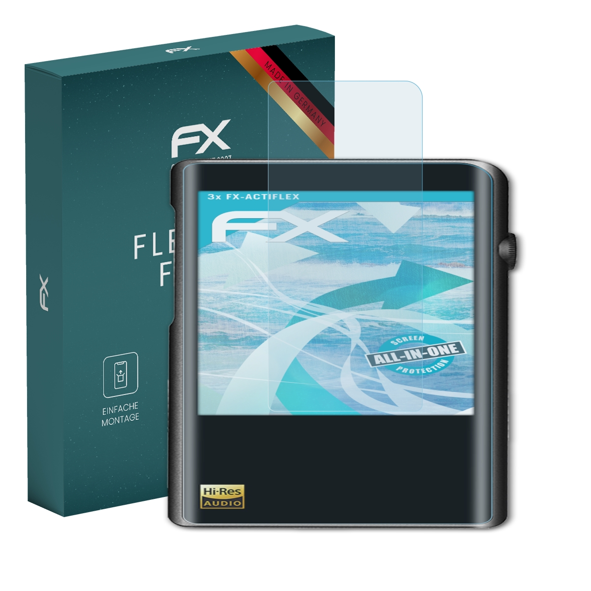 Grüne Box mit schwarzem Mediaplayer und Displayschutz. Text: Flexible Folie, Hi-Res Audio.