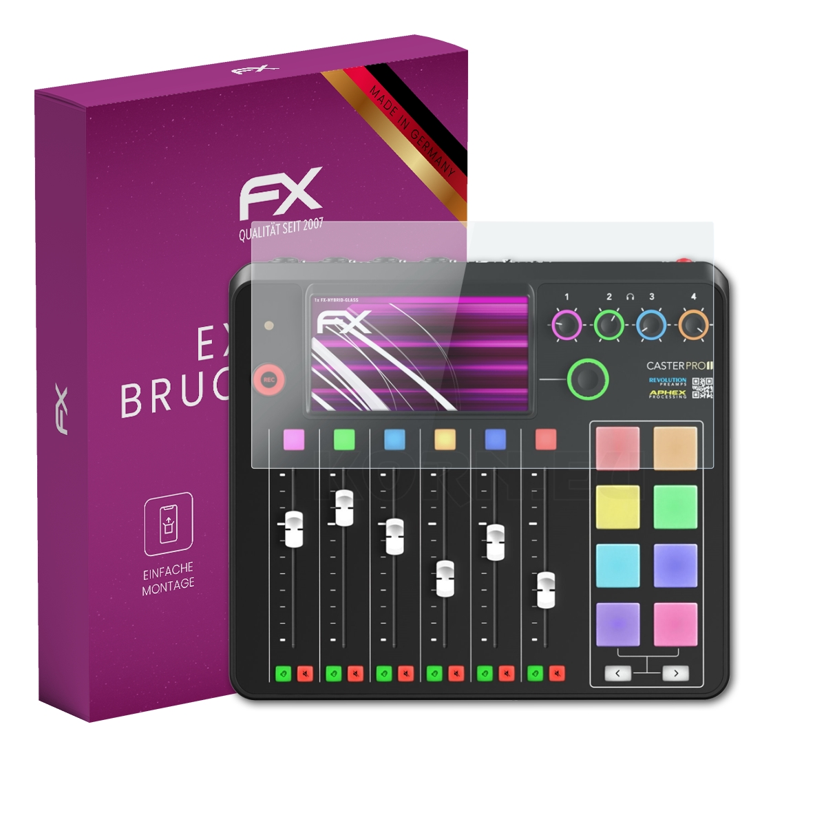 Schwarzer Audiomixer mit Schiebereglern und Tasten, eine Displayschutzfolie und eine lila Box.