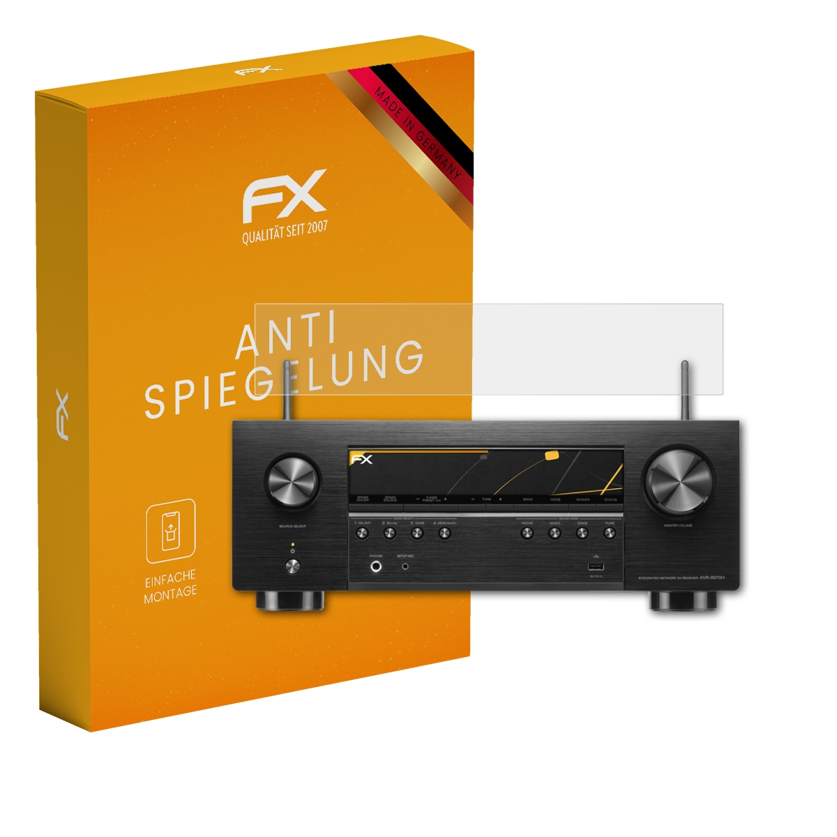 Ein Stereo-Receiver mit Displayschutzfolie und einer Box. Der Bildschirm zeigt Daten an.