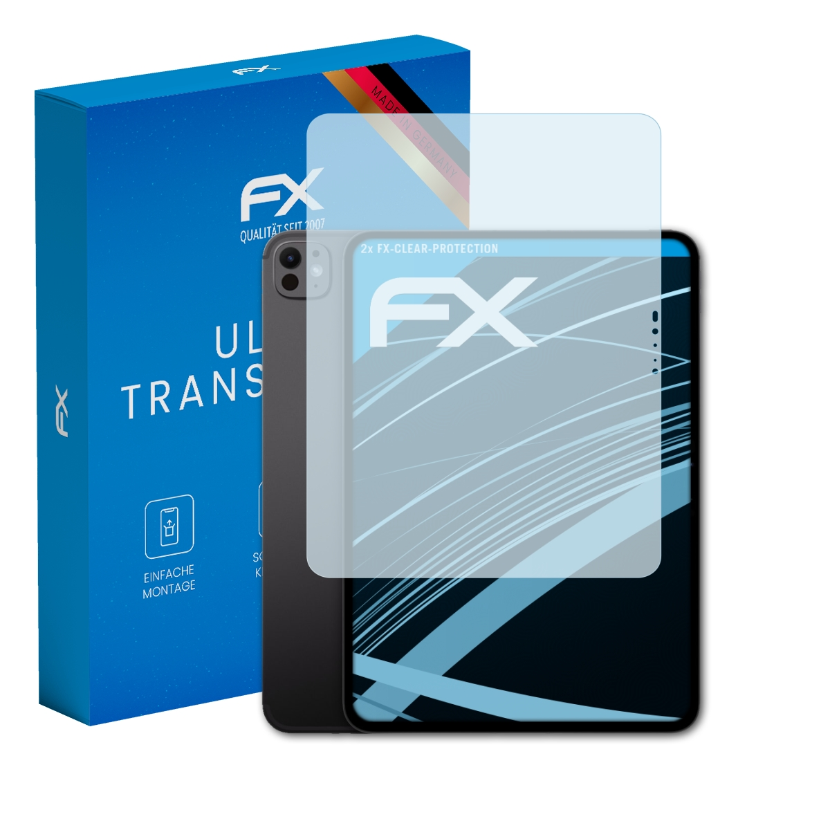 Blaue Box, Tablet mit Displayschutz. Tablet zeigt Oberfläche. Die Box sagt 'ULTRA TRANSPARENT'.