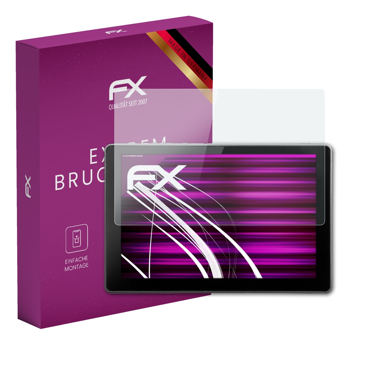 Tablet und Displayschutzfolie mit lila Hintergrund. Box mit FX-Logo.