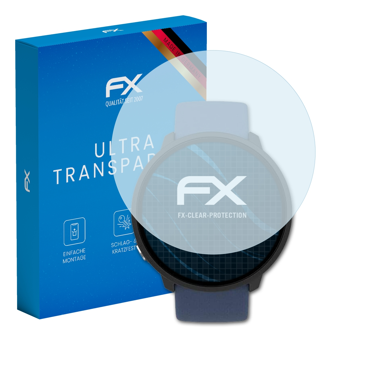 Eine Smartwatch mit Displayschutz und Box. Der Bildschirm ist kreisförmig, die Box blau.