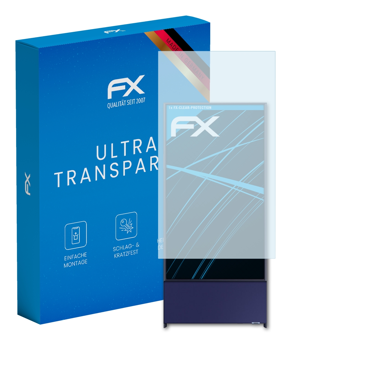Ein Fernsehbildschirm mit Displayschutz neben der Box. Die Box sagt Ultra Transparent.