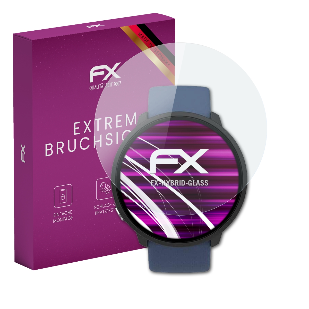 Eine Smartwatch mit Displayschutz und einer lila Box mit deutschem Text.