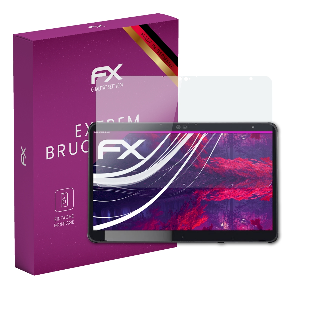 Tablet mit Displayschutzfolie neben FX-Box. Bildschirm zeigt Apps und Landschaft.