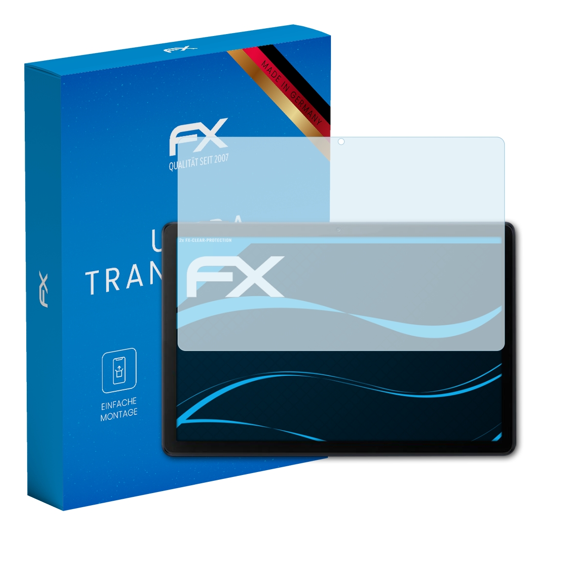 Tablet mit Displayschutzfolie neben FX-Box. Anzeige zeigt einen blauen Farbverlauf.