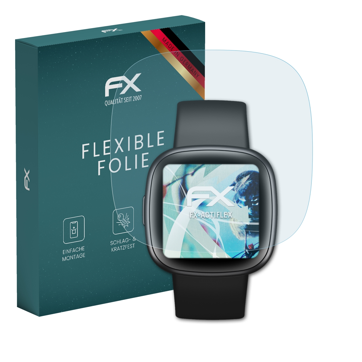 Eine Smartwatch mit Displayschutz. Links befindet sich eine türkis Box mit den Texten 'FX' und 'FLEXIBLE FOLIE'.