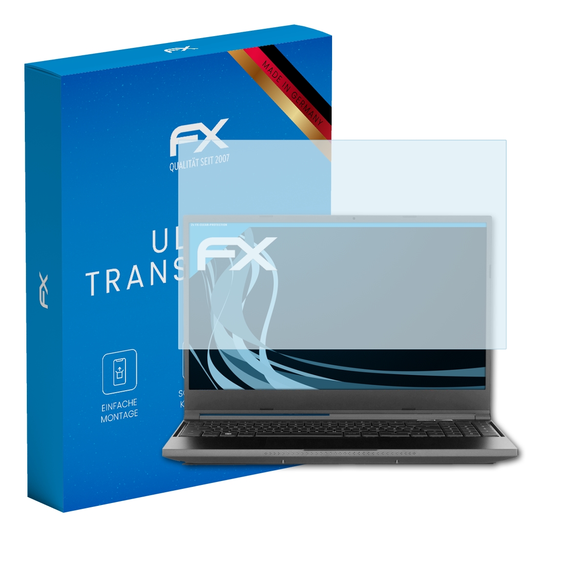 Laptop mit Displayschutzfolie und einer Box, beide mit FX-Logo.