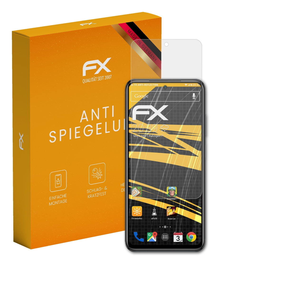Ein Smartphone mit Displayschutzfolie und eine Box mit Produktdetails.