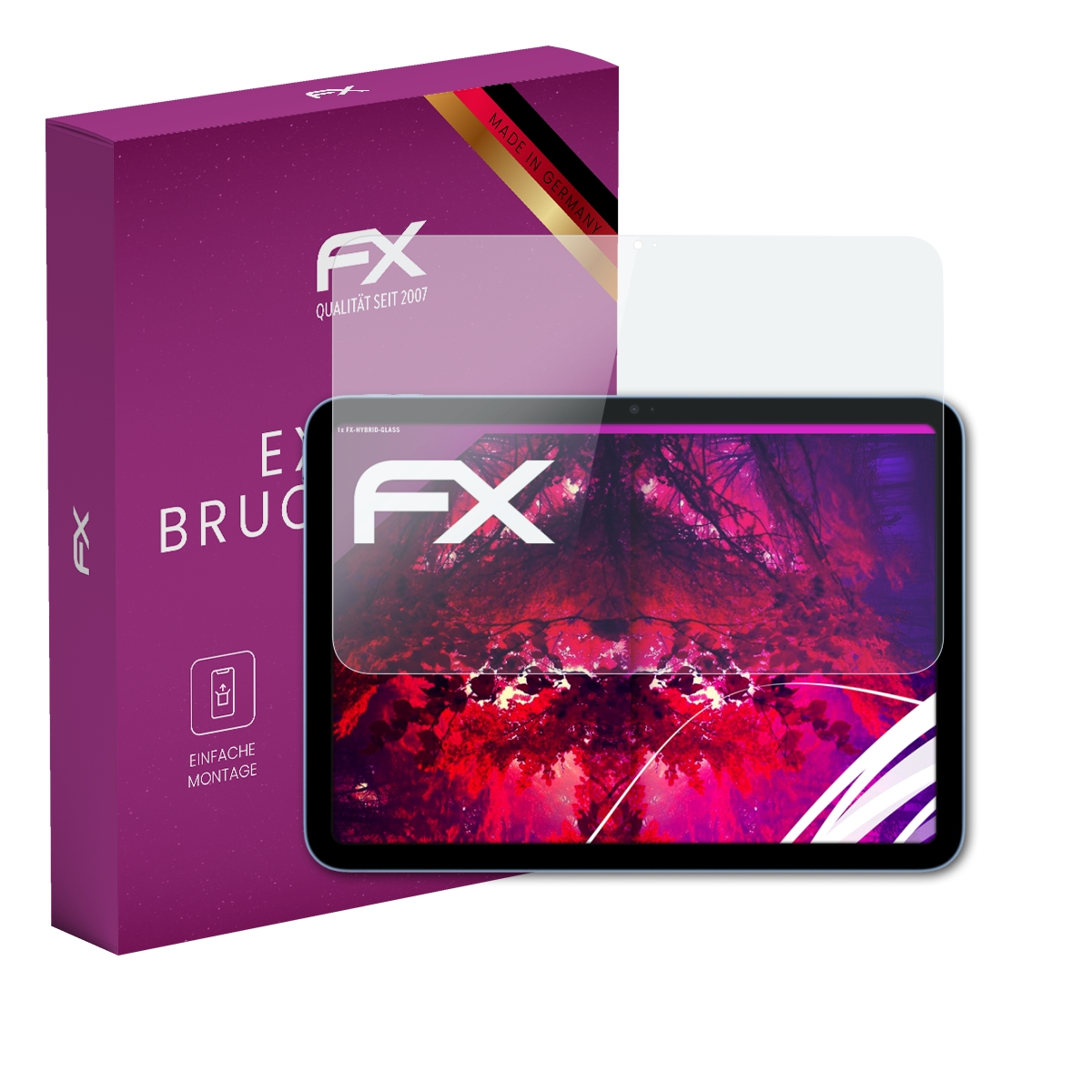 Ein Tablet mit Displayschutz neben einer Box. Der Bildschirm zeigt eine Grafik mit dem FX-Logo.