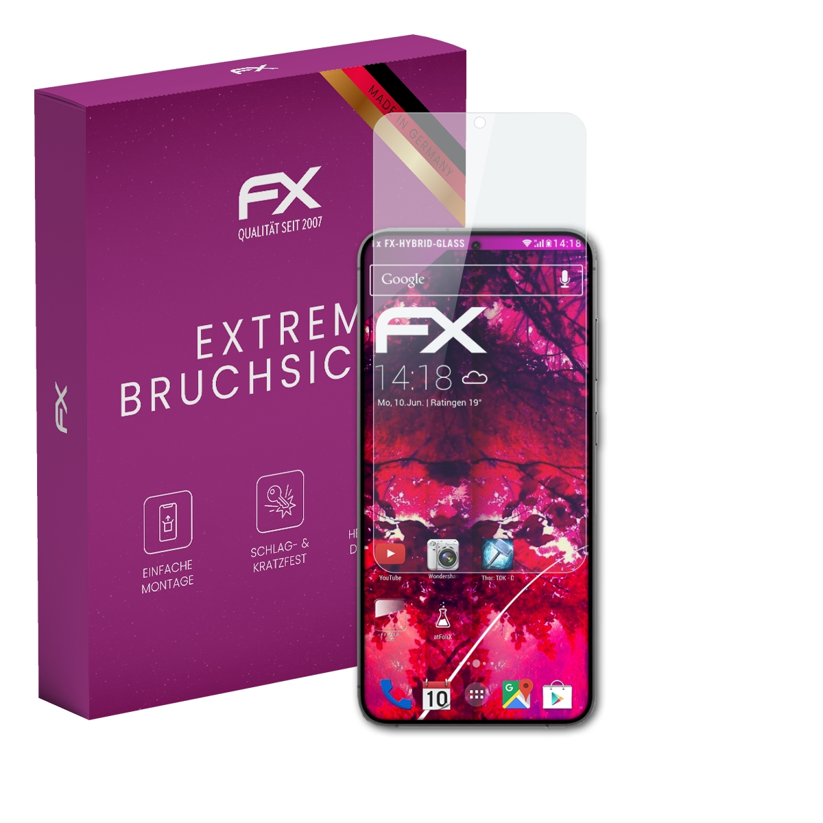 Ein Smartphone mit Displayschutz, einer Box und seinem Bildschirm.