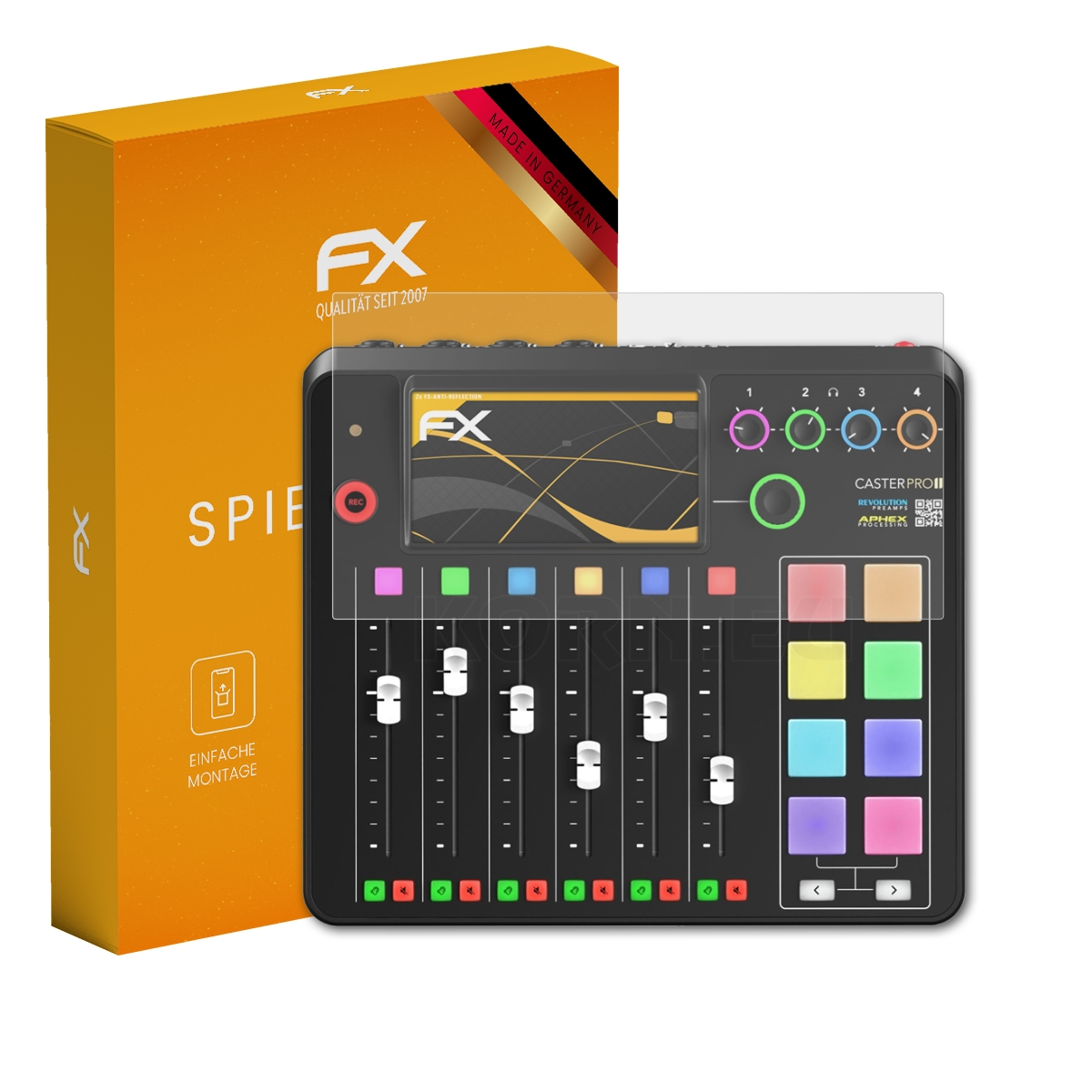 Box und Displayschutz auf schwarzem Audiomixer. Auf der Box steht "ANTI SPIEGELUNG". Der Mixer hat bunte Knöpfe.