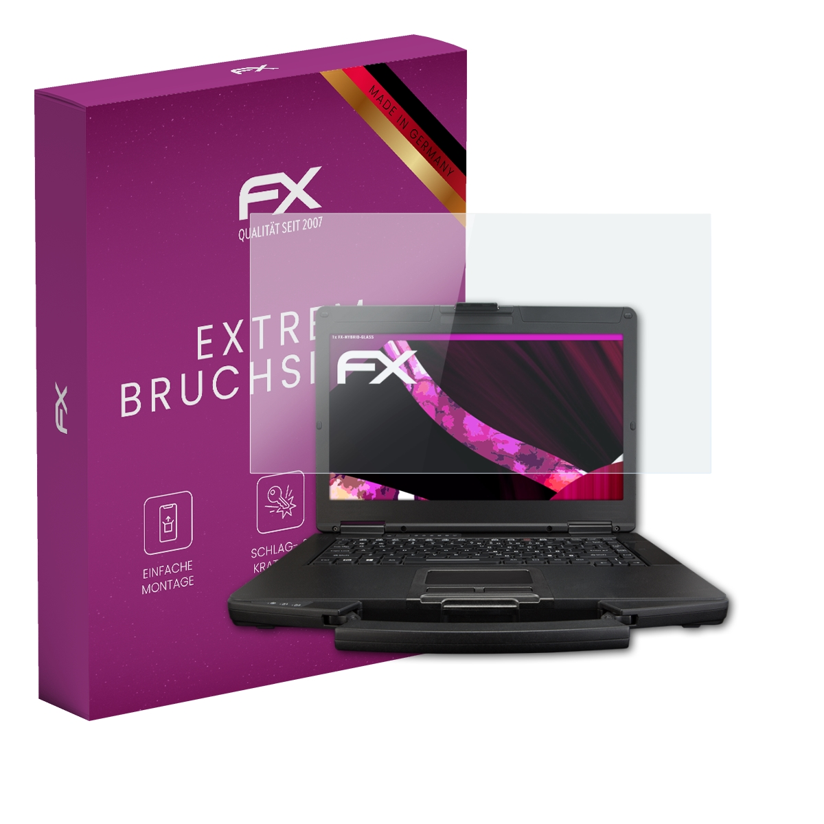 Ein Laptop mit Displayschutz, Schachtel mit 'FX'-Logo und Text. Laptop-Bildschirm zeigt eine Grafik.
