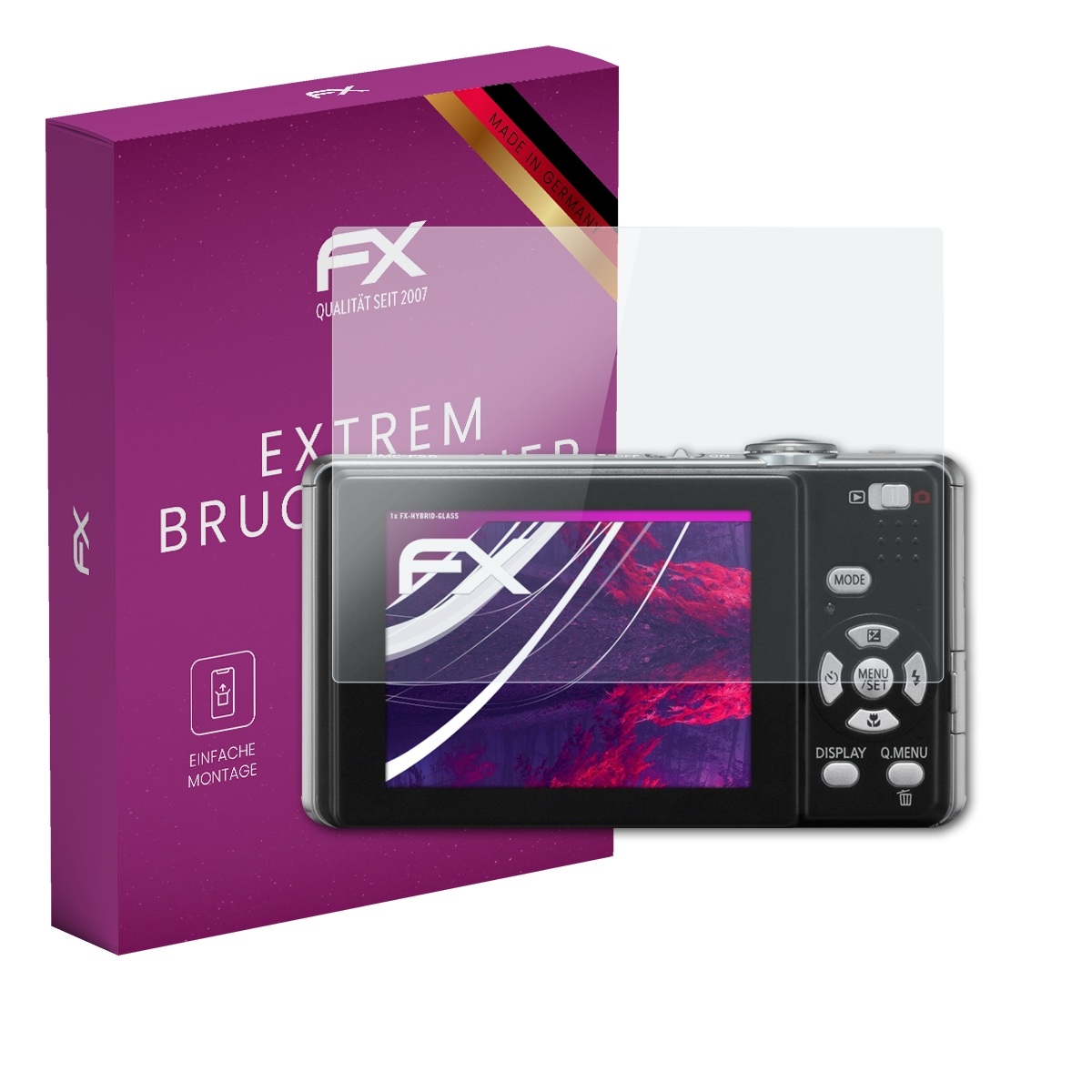 Kamera mit Displayschutzfolie, Box mit 'EXTREM BRUCH' und 'FX' Logo. Made in Germany.