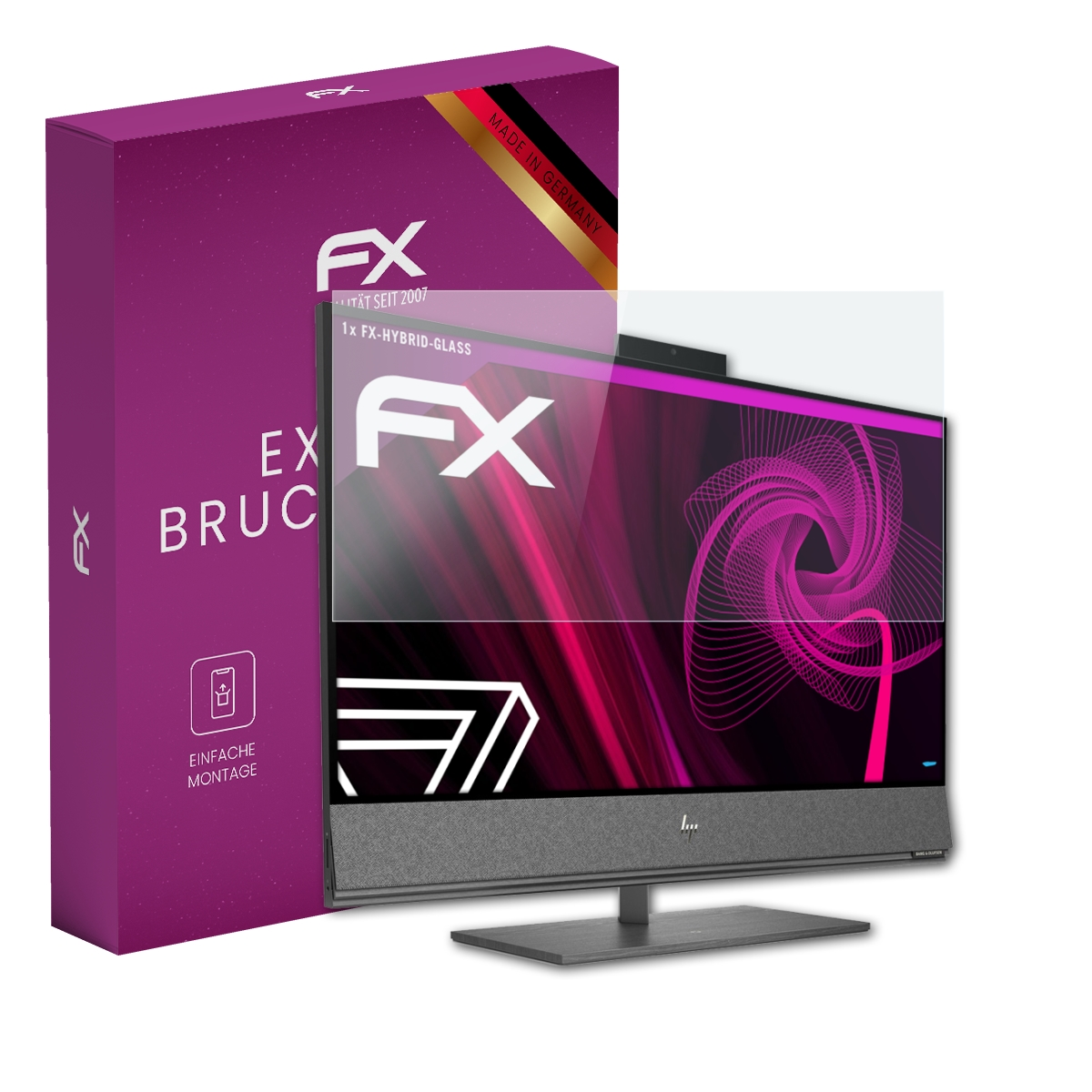 Eine lila Box und ein Monitor mit Schutzfolie.