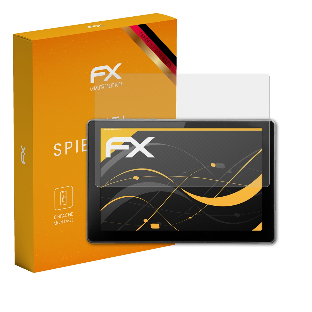 Ein Tablet mit Displayschutzfolie und seiner Box. Die Box ist orange und hat das FX-Logo.