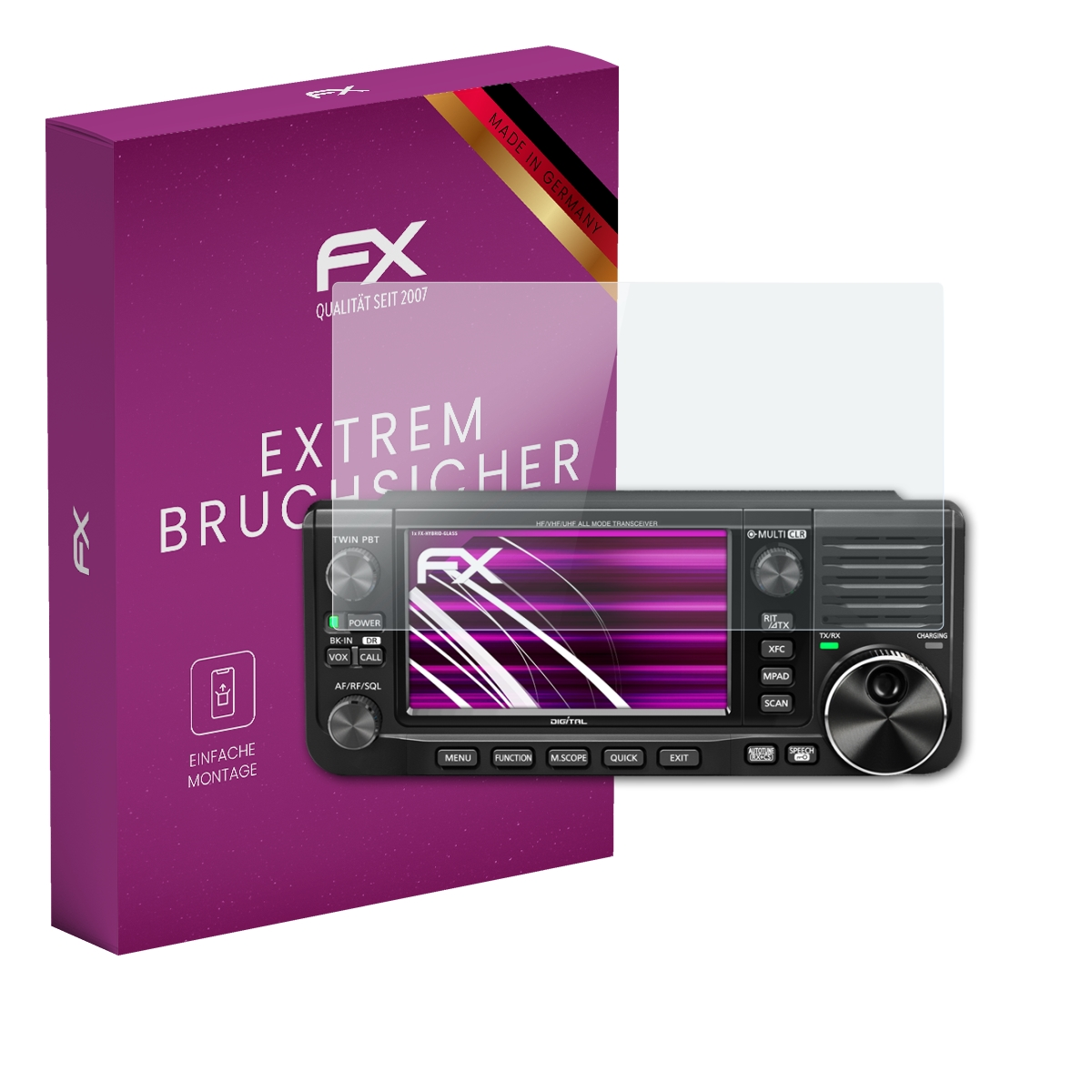 Schwarzer Transceiver mit Displayschutzfolie neben einer lila Box.