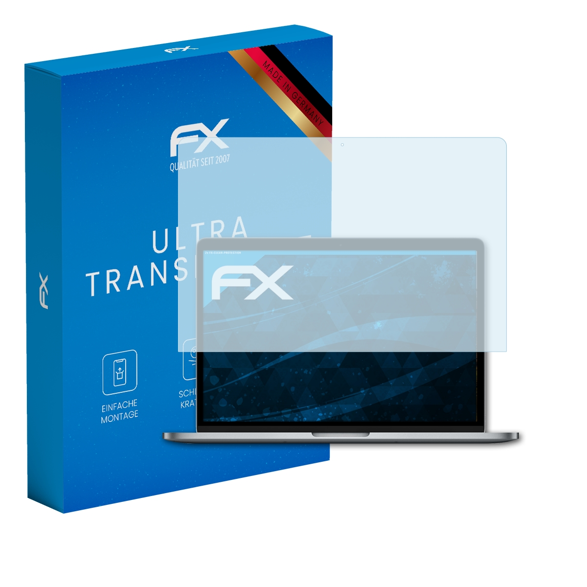 Laptop mit Displayschutz und Box. Box sagt 'FX ULTRA TRANSPAR' und 'MADE IN GERMANY'.