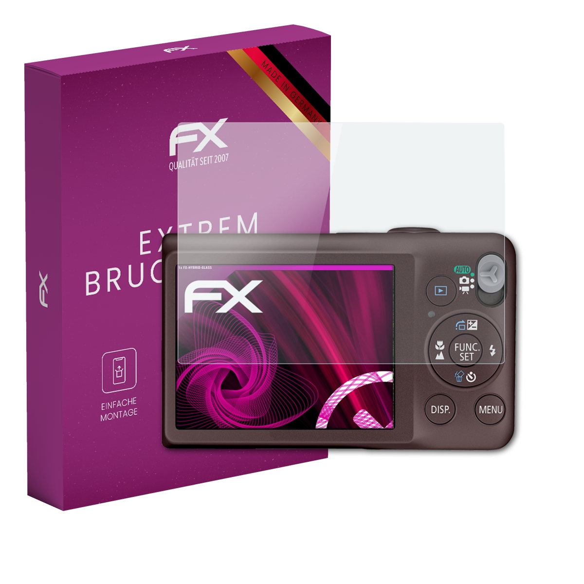 Eine Kamera mit Displayschutzfolie und einer lila Box mit der Aufschrift FX Extrem Bruchsic.