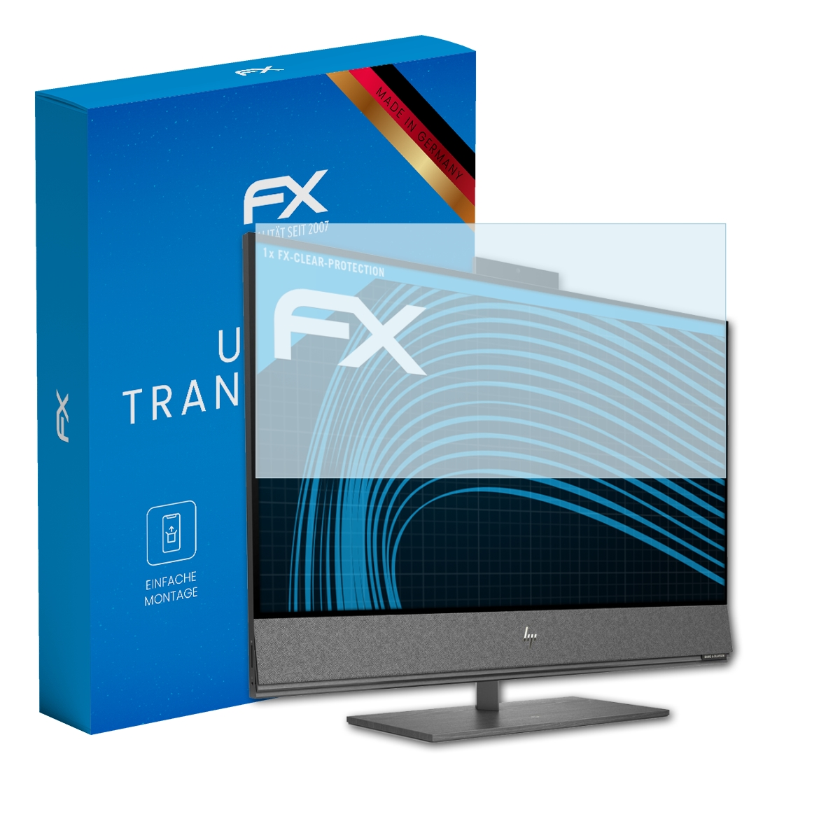 Monitor mit Displayschutz neben einer blauen Box. Der Monitor ist schwarz und zeigt eine Oberfläche.