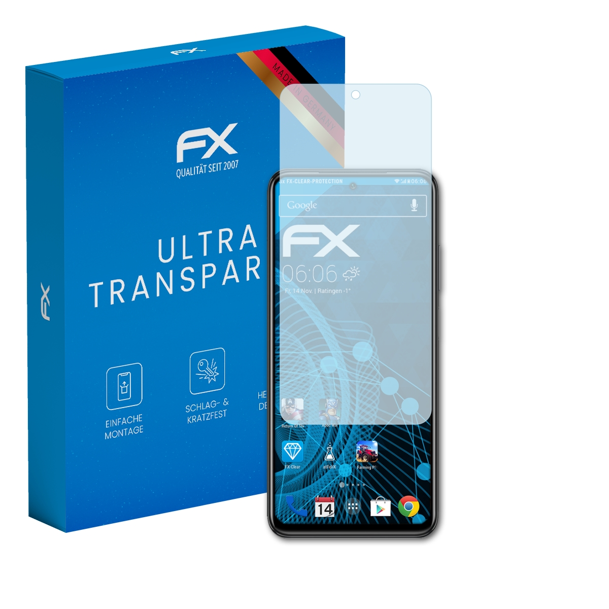 Blaue Schachtel und Telefon mit Displayschutz. FX-Logo, Apps auf dem Bildschirm.