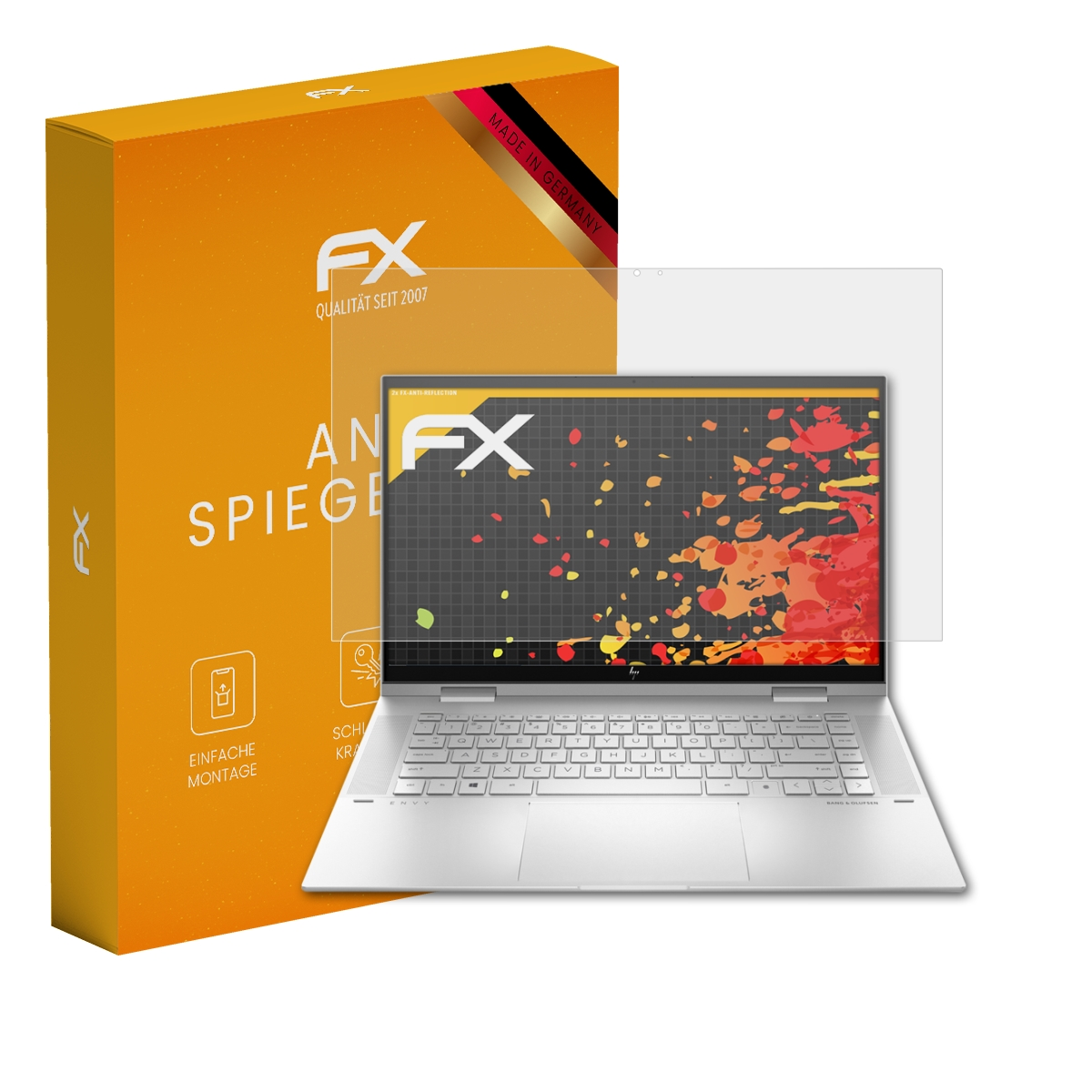 Laptop mit Displayschutzfolie, orangefarbener Box und Text. Bildschirm zeigt farbenfrohe, abstrakte Kunst.