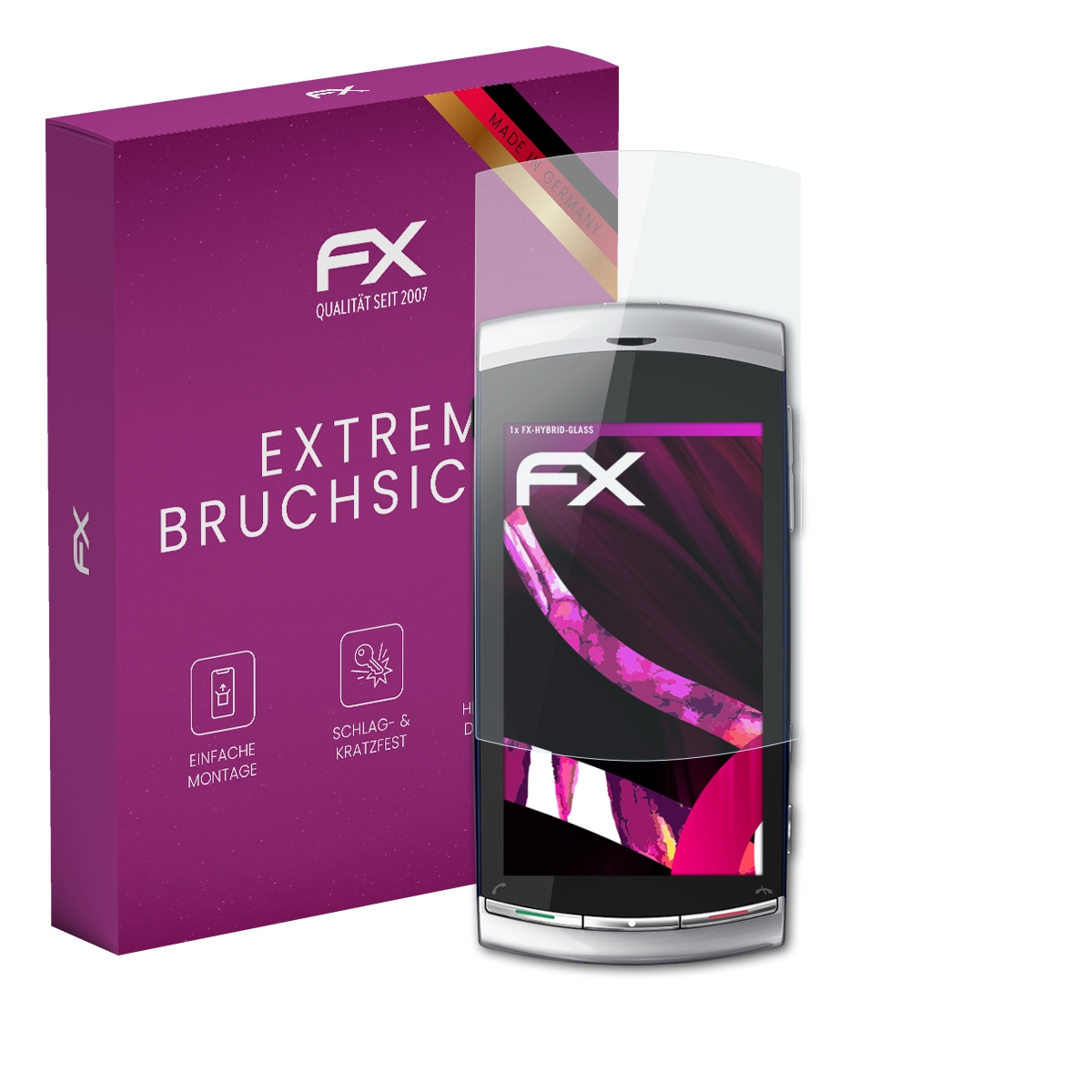 Lila Schachtel und Telefon mit Displayschutzfolie. Telefon zeigt Bildschirm mit FX-Logo.