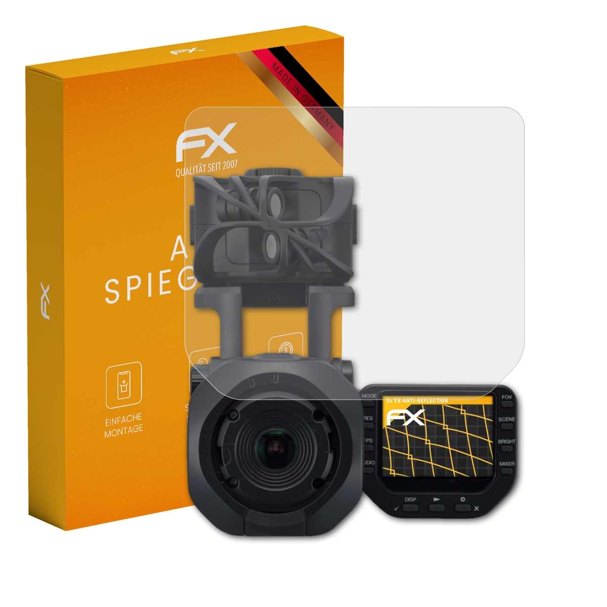 Orangefarbene Box mit Dashcam-Displayschutz und Dashcam mit angebrachtem Schutz.