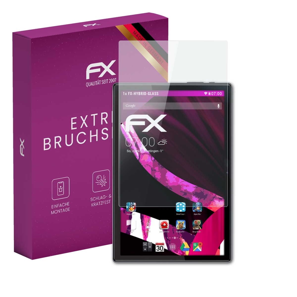 Tablet mit Displayschutz, Box. Lila Box mit FX Logo und deutschem Text.